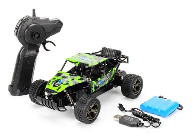 Blue 1:18 scale remote control off-road drift car with 2.4GHz remote on a grey surface.