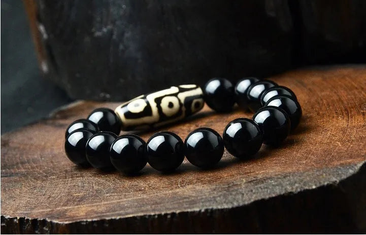 Natural black agate nine eye beads bracelet ethnic style unisex black colour 10mm 12mm 14mm