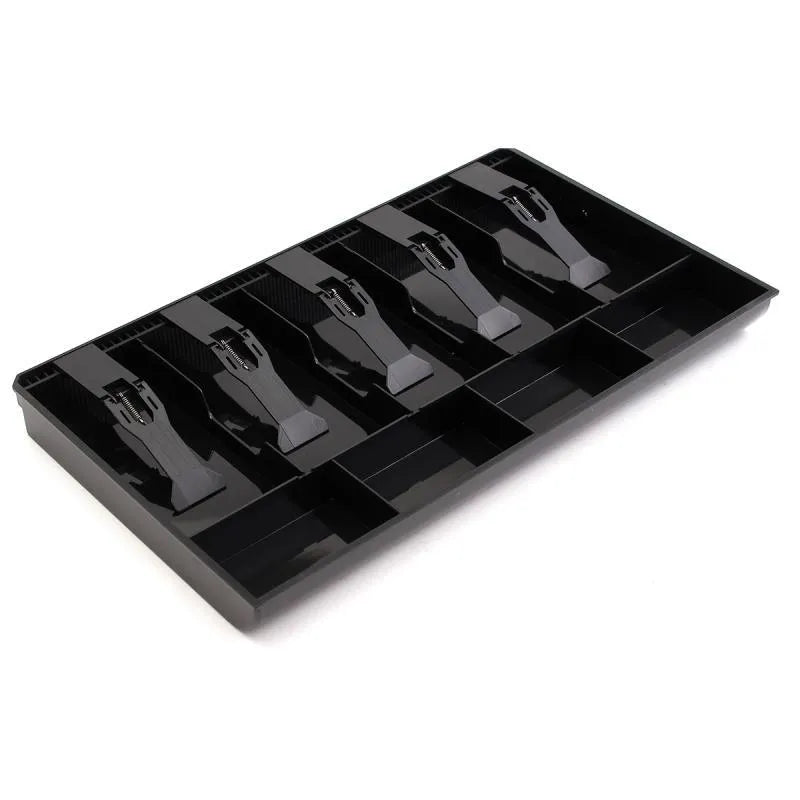Black and white ABS plastic cash register box with five drawers for banknotes and coins.