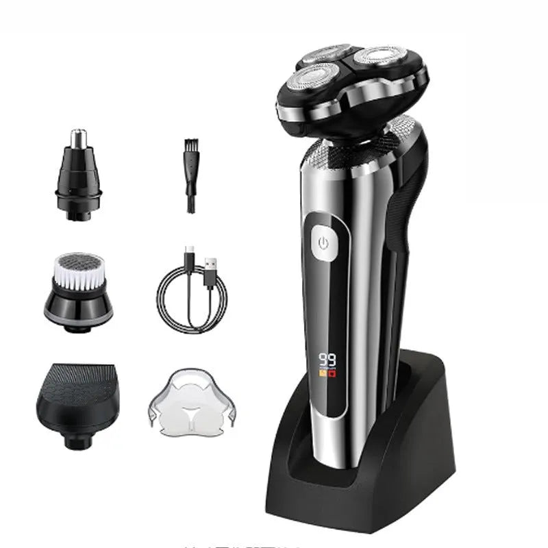 USB rechargeable beard trimmer with digital LED display on a black and silver five-in-one base bracket.