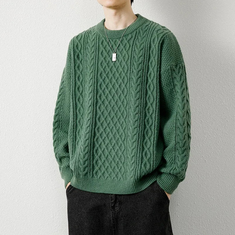Men's round neck knitted sweater pullover in beige, loose fit polyester fibre top