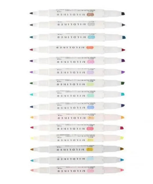Five Zebra Mildliner double-sided highlighters with water-based ink showing chisel and bullet tips in a colour set
