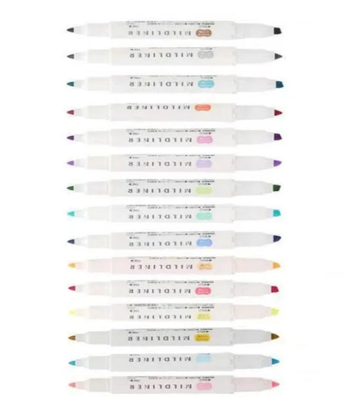 Five Zebra Mildliner double-sided highlighters with water-based ink showing chisel and bullet tips in a colour set