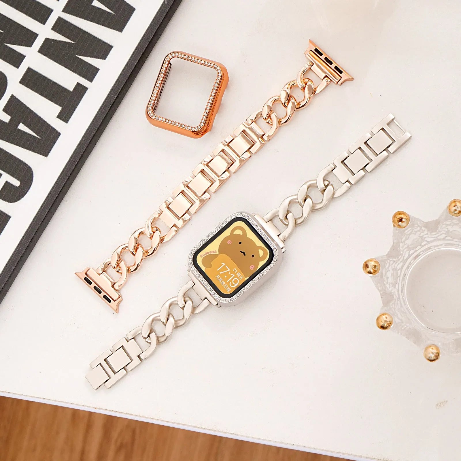 Metallic denim chain watch strap for Apple iPhone in silver, black, gold, rose gold, starlight colours