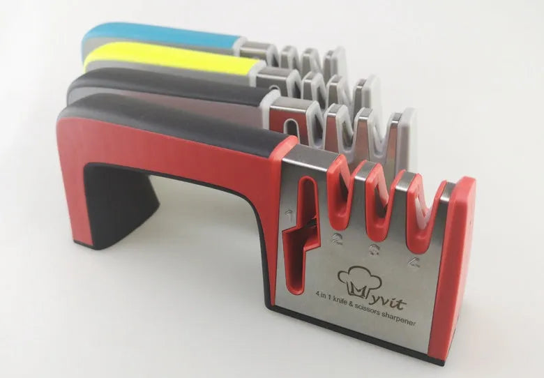Four-in-one multifunction kitchen knife sharpener in black and cyan colour with stainless steel body.