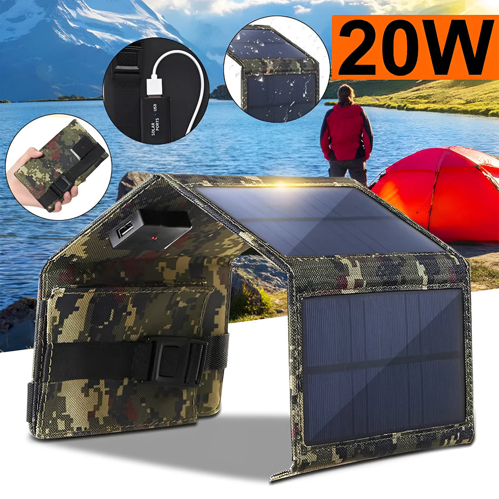 20W solar folding bag in camouflage pattern, folded and expanded, with USB output port, for outdoor charging