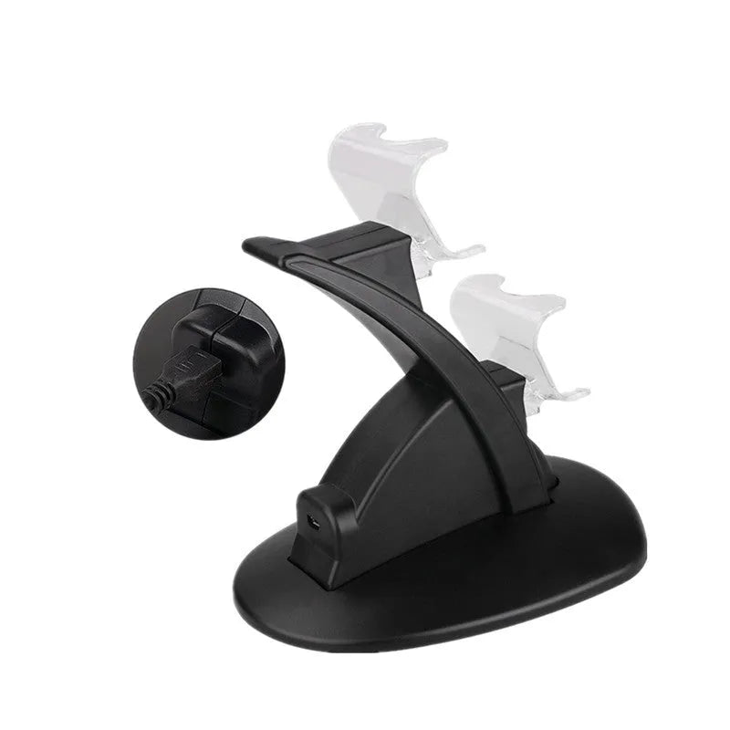 Black dual charging stand holding two Xbox One controllers upright for simultaneous USB charging.
