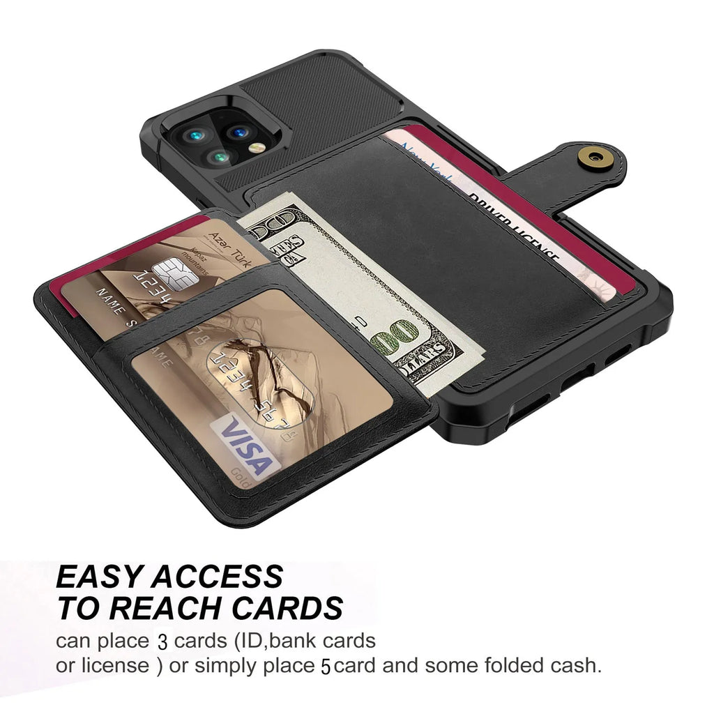 Imitation leather phone case with built-in card wallet and cash slot for iPhone, shown in multiple colours.