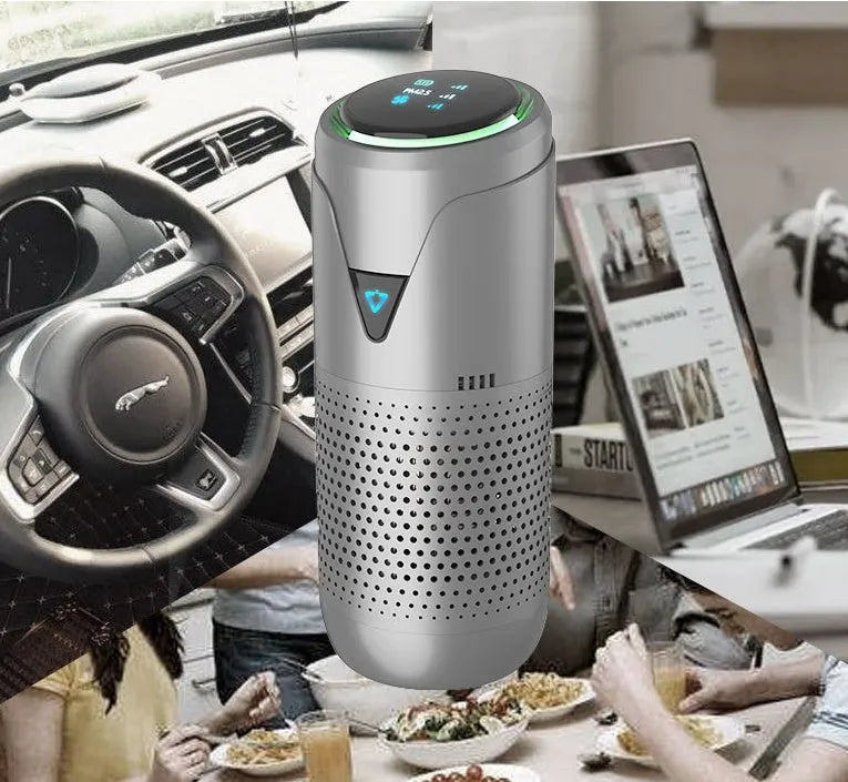 AN-SY01 car air purifier with HEPA filter, PM2.5 display, and 5200mAh battery in silver