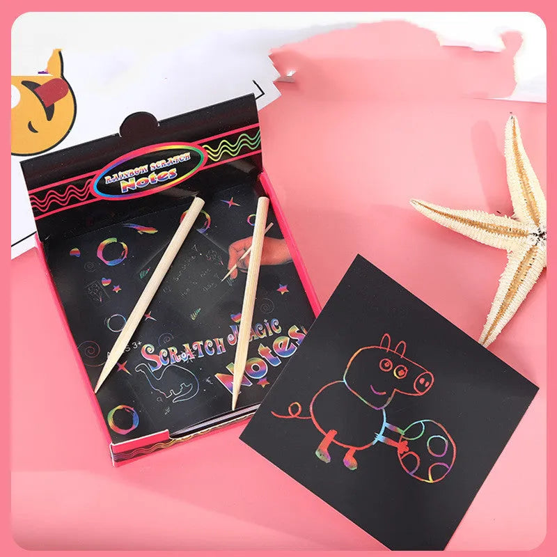 Colourful trumpet scratch art set showing 100 sheets in gift box packaging