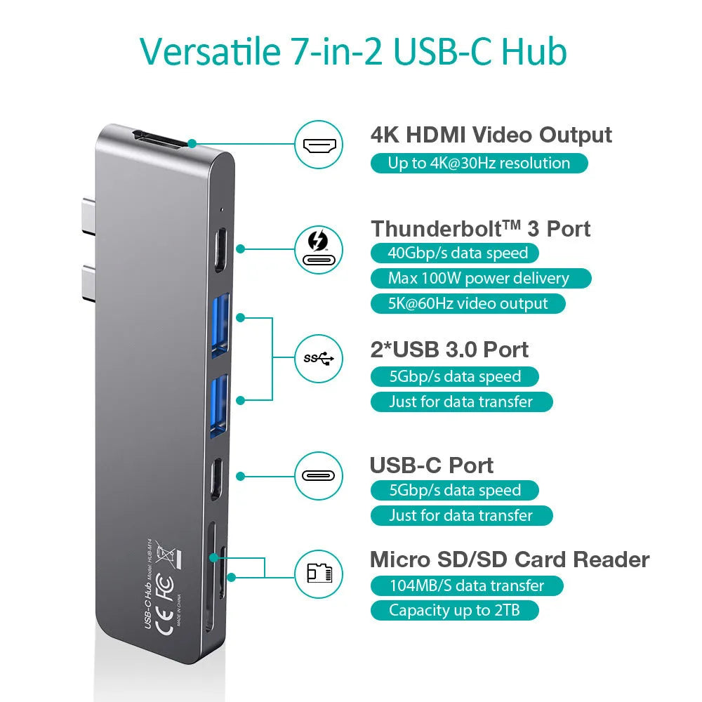 Aluminium USB C hub with seven ports including SD card reader, Thunderbolt 3, and 4K HDMI