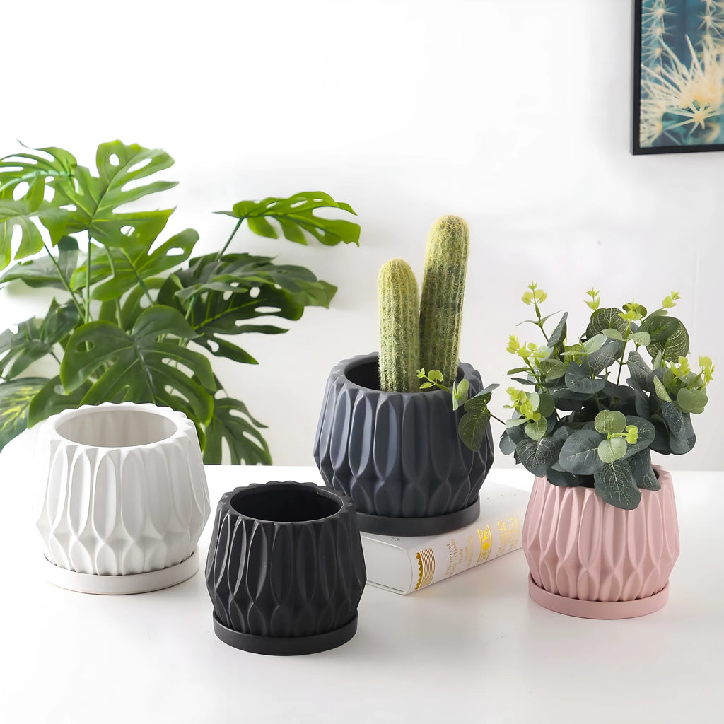 Grey ceramic tabletop flowerpot for plants with simple design and medium size