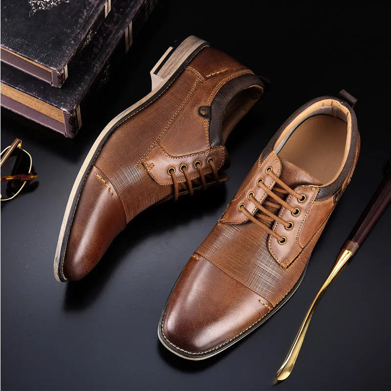 Pair of men's brown cowhide formal leather shoes with rubber soles, lace-up style, sizes 8 to 13