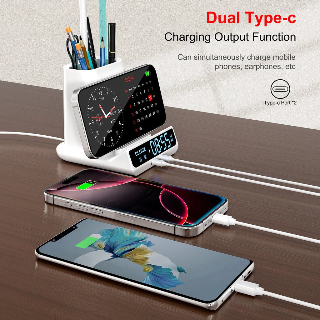 Modern desk lamp with integrated wireless charging pad, pen holder, and storage compartment.