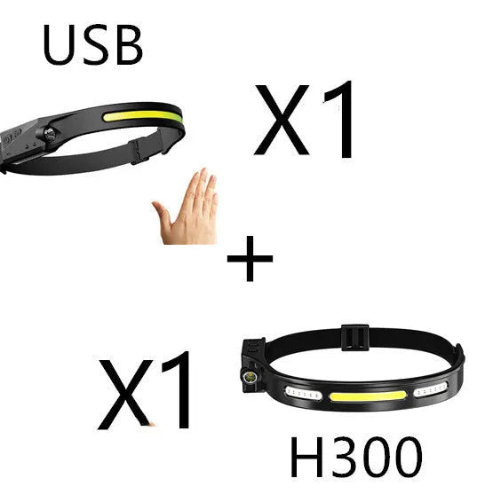 Black USB rechargeable headlamp with a wide COB LED lens and a side wave sensor on the headband.