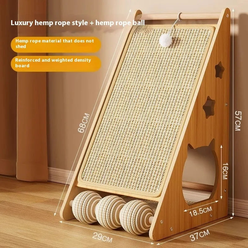 Vertical wall-mounted cat scratch board with sisal surface, teasing ball, and hemp rope.