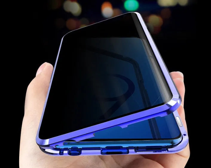Black clamshell magnetic anti-peeping phone case for Samsung Galaxy phones, shown open and closed.