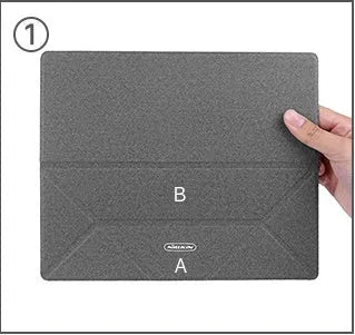 Blue portable laptop cooling bracket with anti-slip surface, shown open in use and folded for storage.