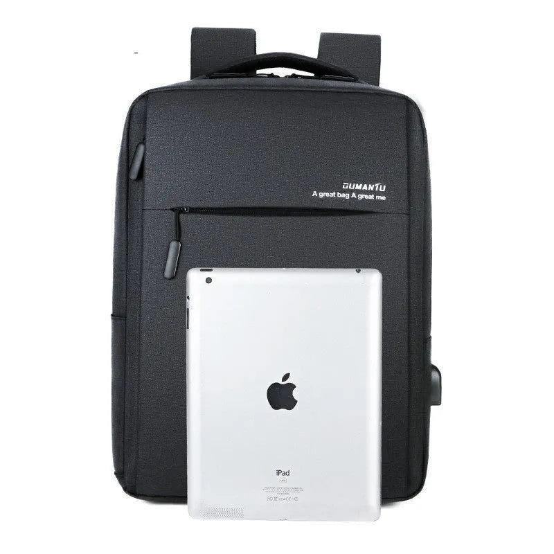 Medium business backpack in black or grey cotton cloth with 20-35L capacity, zipper opening, and multiple internal pockets.