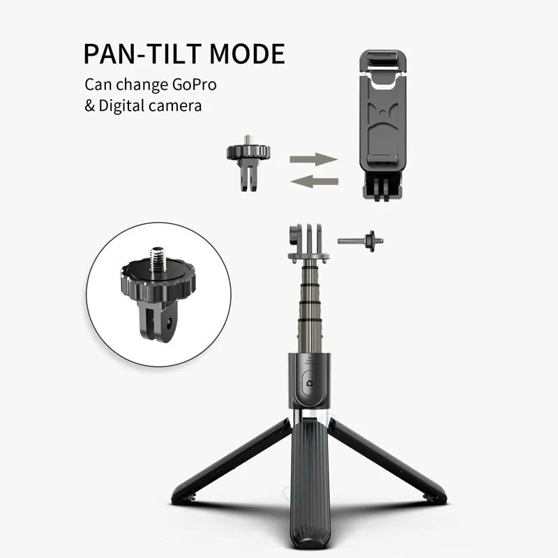 Black aluminium tripod selfie stick extended with an iPhone mounted, showing 186mm to 700mm range.