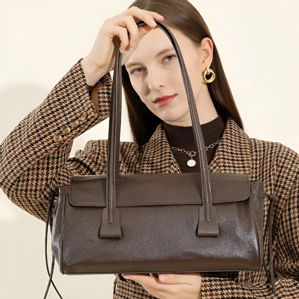 Women's vegetable tanned cowhide top grain leather armpit handbag in brown with double straps