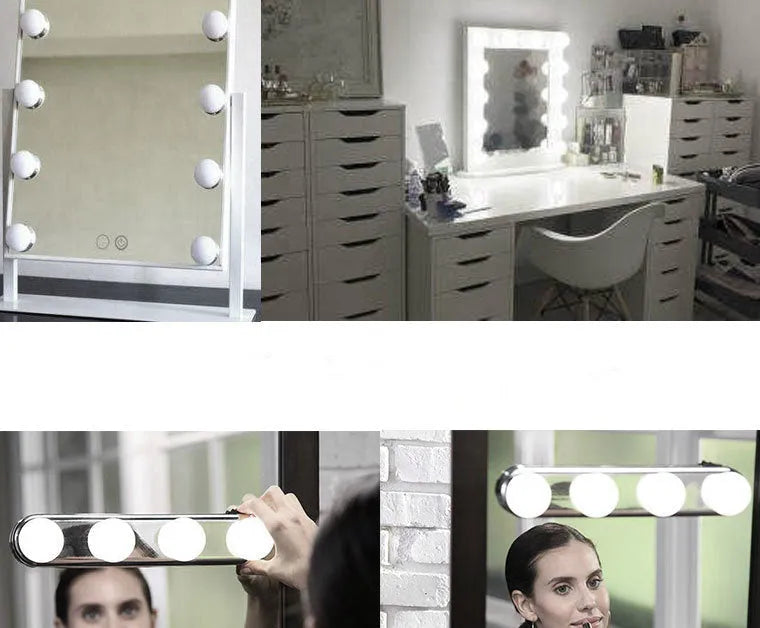 Four bulb round mirror headlight with suction cup mount on a bathroom mirror, ABS housing, cordless LED lamp