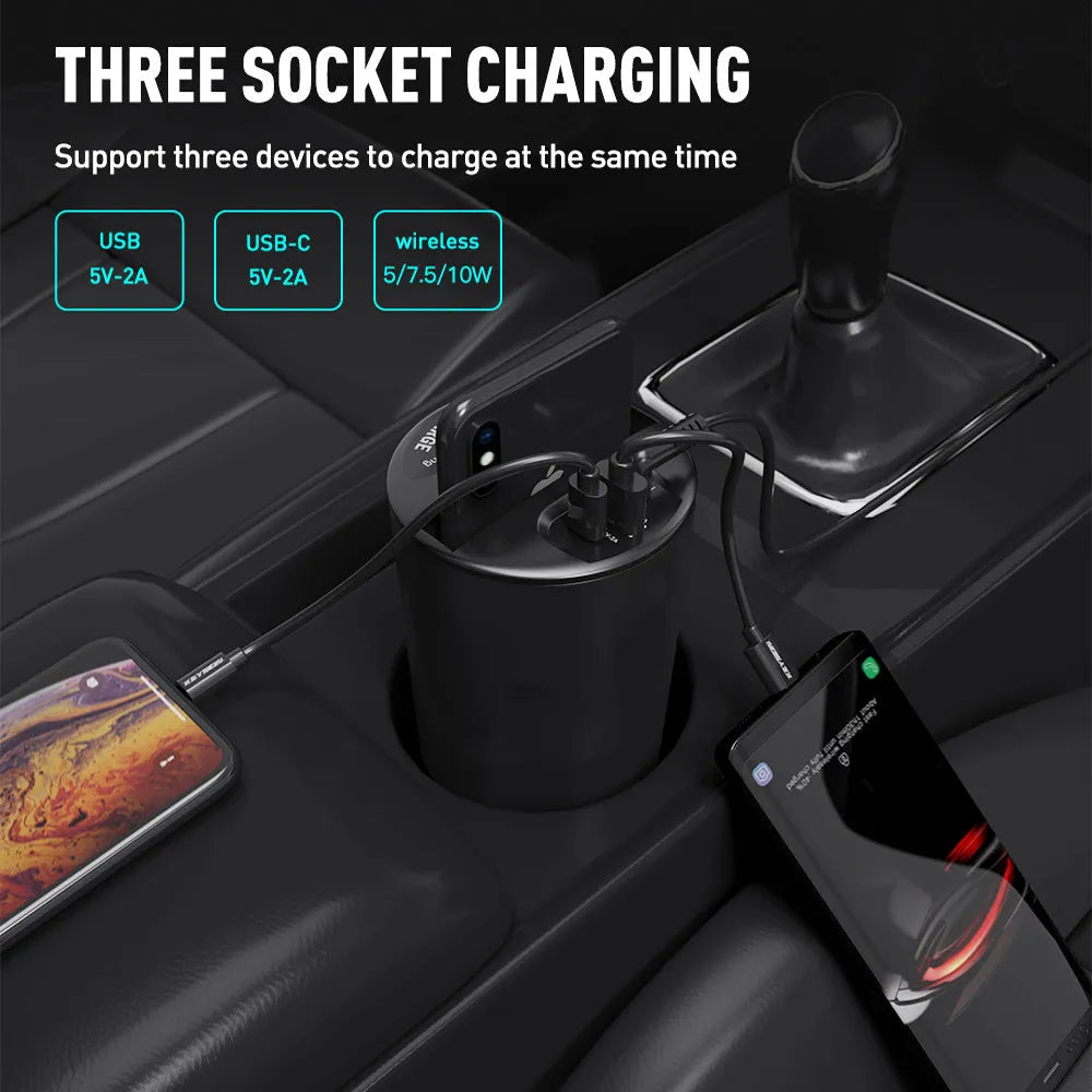 Black X9 car wireless charging cup and stand with Qi logo, showing USB and Type-C ports.