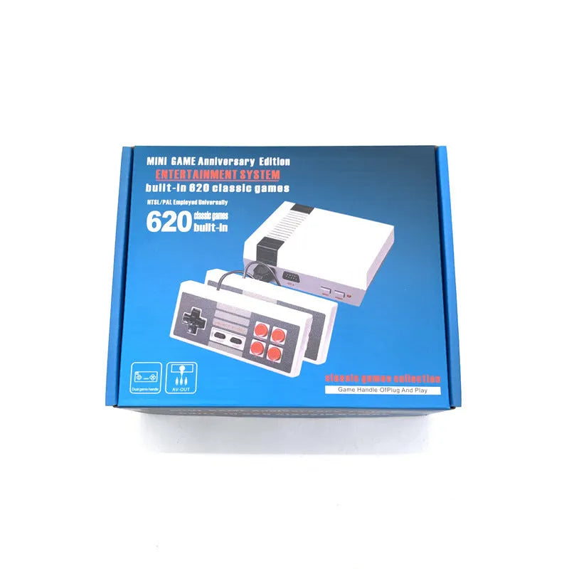 Compact black 8-bit NES retro game console with two red controllers on a stand.