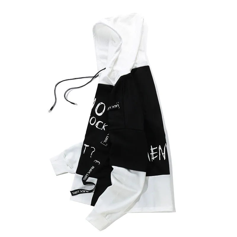 Men's graffiti oversize cotton hoodie with round neck and long sleeves, black or white, sizes M to XXL