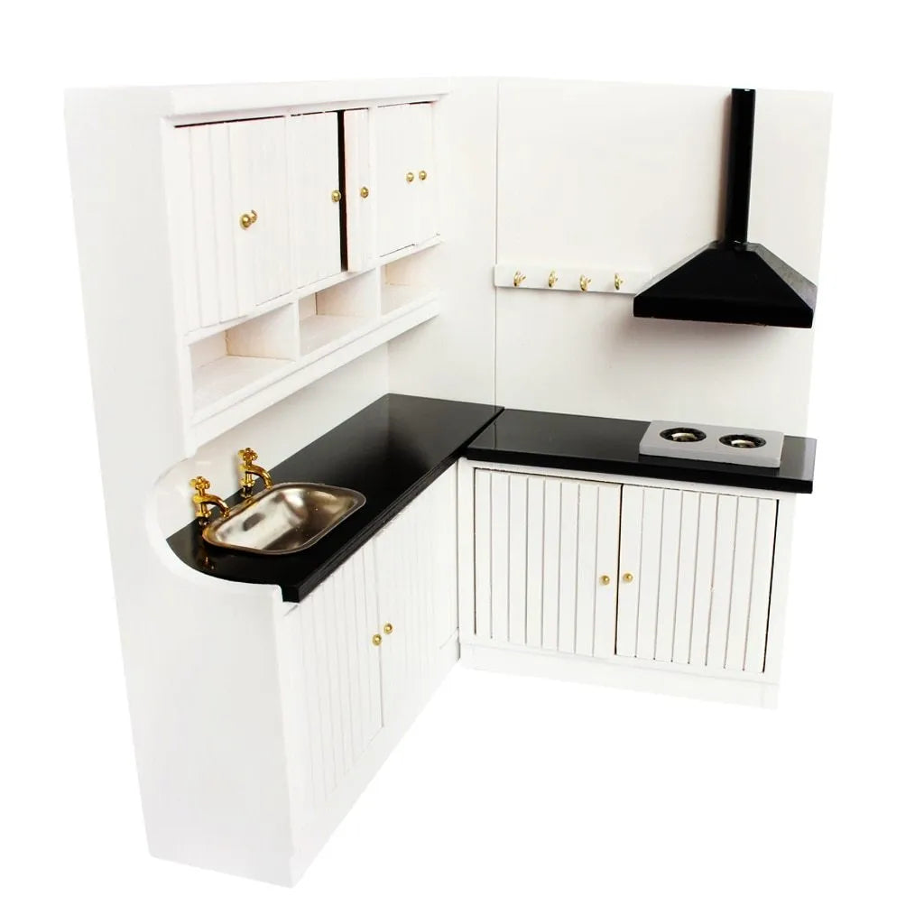 White birch dollhouse kitchen set with sink and stove cabinets, featuring working doors.