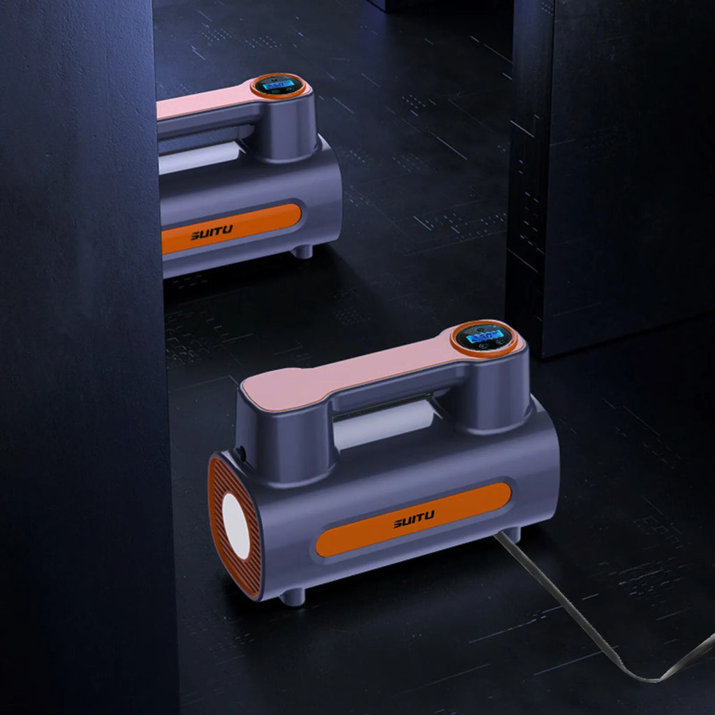 Portable wireless car tyre inflator with digital display showing pressure readings
