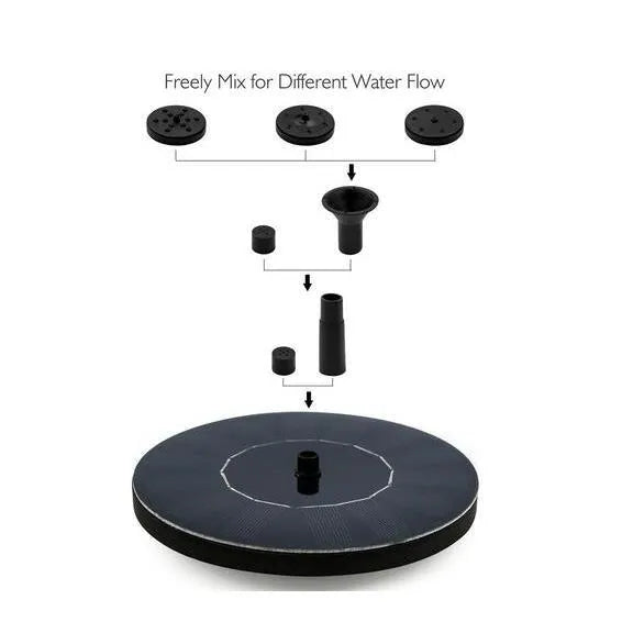 Black solar-powered water fountain pump with four spray nozzles for garden ponds