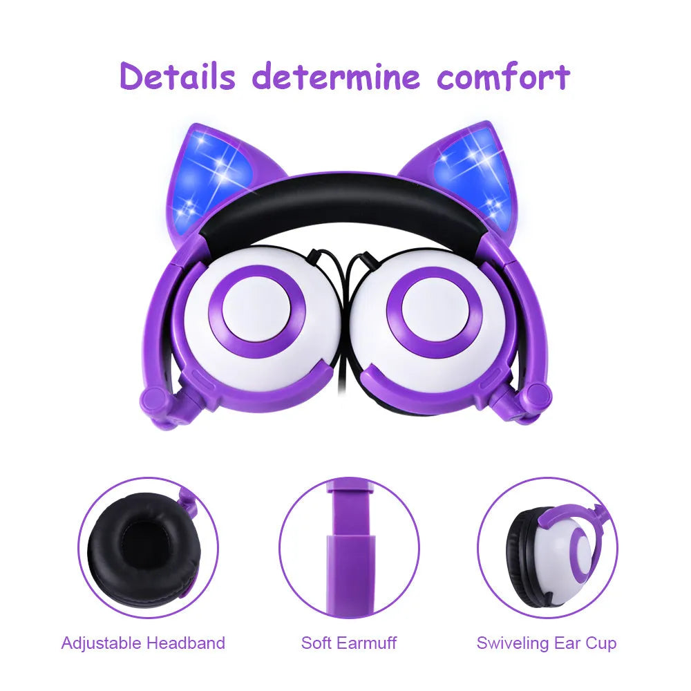 LED flashing cat ear headphones, wired 3.5mm over-ear headdress with 40mm speakers in peach pink or purple