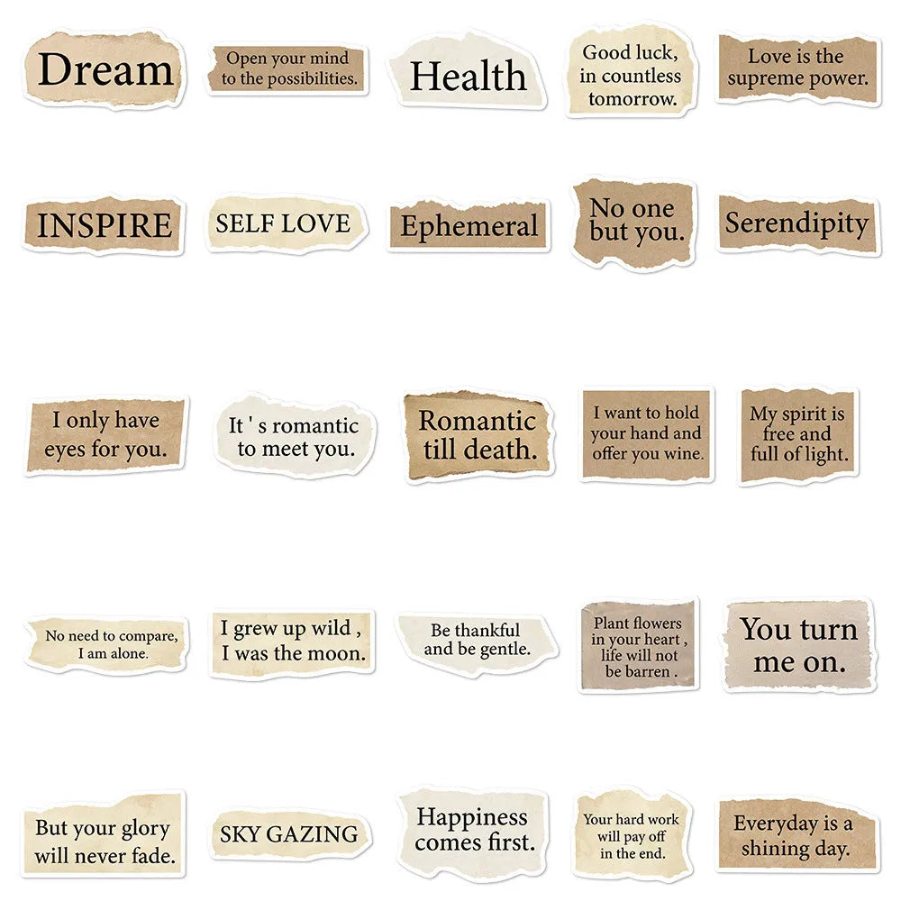 Set of 25 reusable PVC decorative stickers with torn English text design, each between 4 and 7 cm.