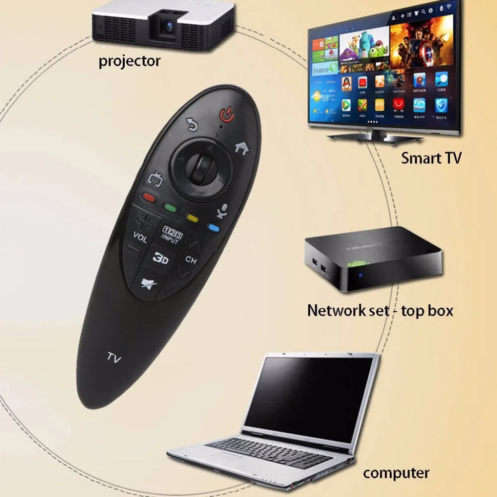 Black universal remote control for LG AN-MR500G and AN-MR500 Smart TVs showing front button layout