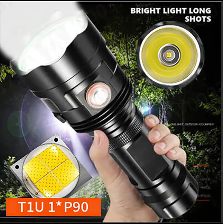Black aluminium alloy tactical LED torch with 55mm head showing six dimming modes and USB charging port