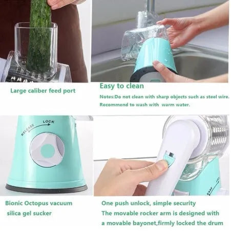 Rotary hand drum grater with stainless steel blades for julienning carrots and potatoes, available in blue, green, or red.