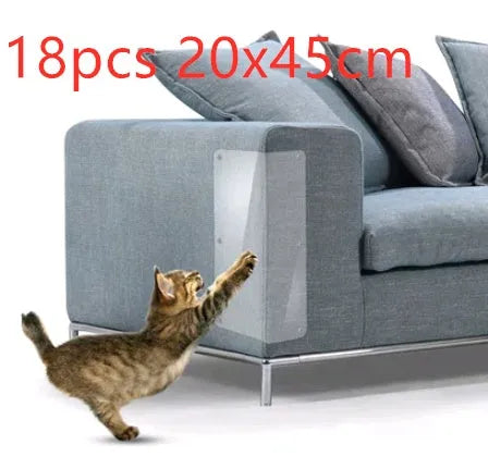 Two transparent PVC self-adhesive cat claw protector pads on a leather sofa arm, each 47x15cm