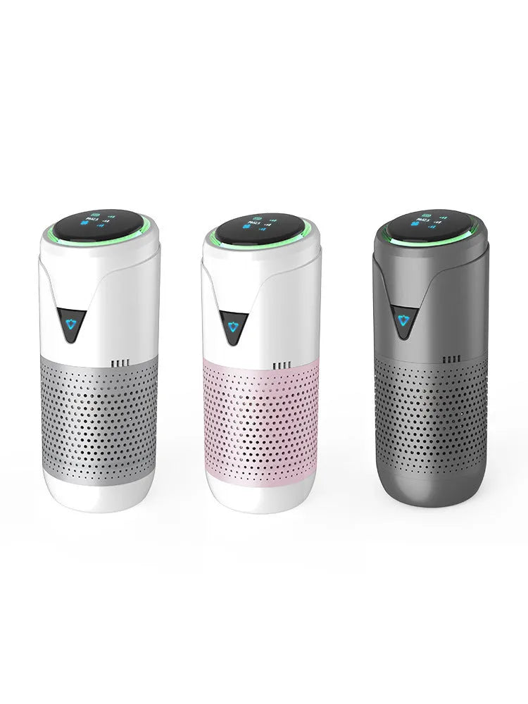 AN-SY01 car air purifier with HEPA filter, PM2.5 display, and 5200mAh battery in silver