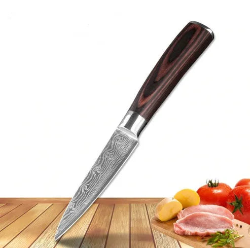 Carpenter's Special kitchen knife with laser Damascus pattern blade and coloured wood handle