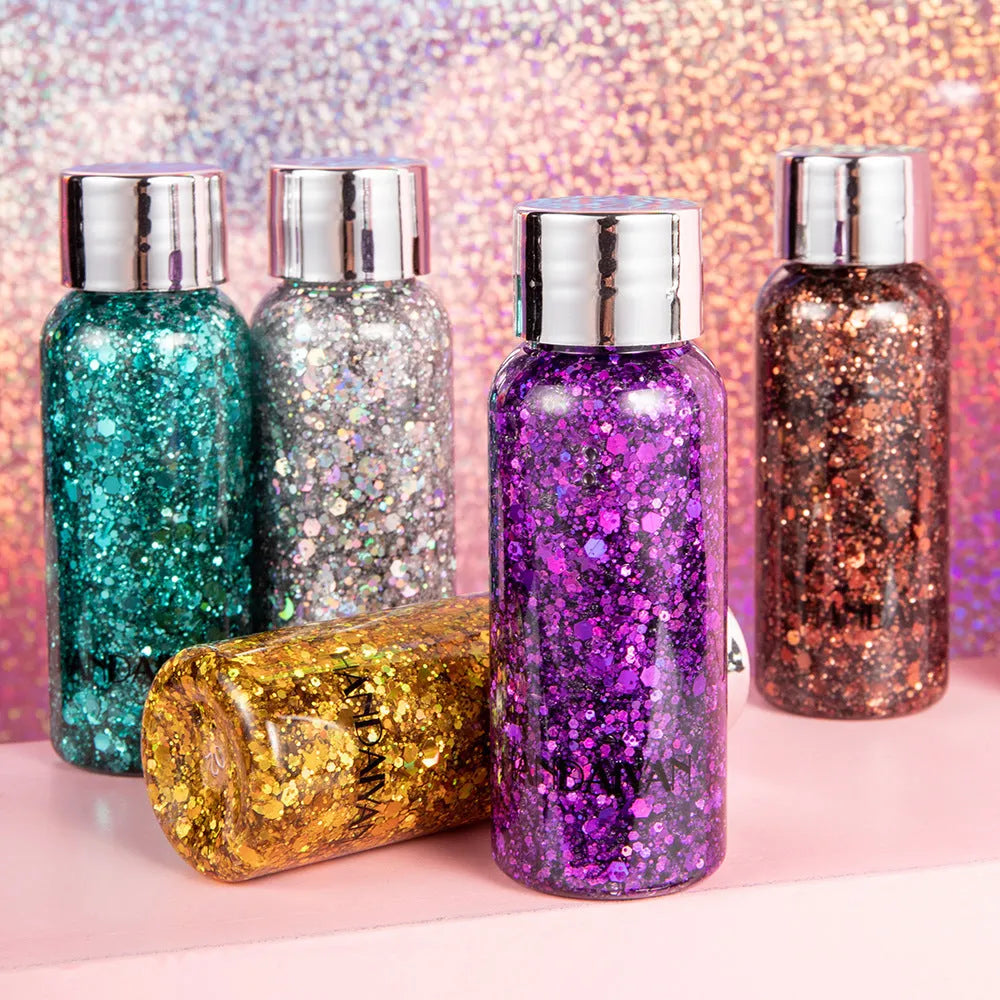 Glitter body gel jar 30g with chunky sequins and laser colour shift on a white background