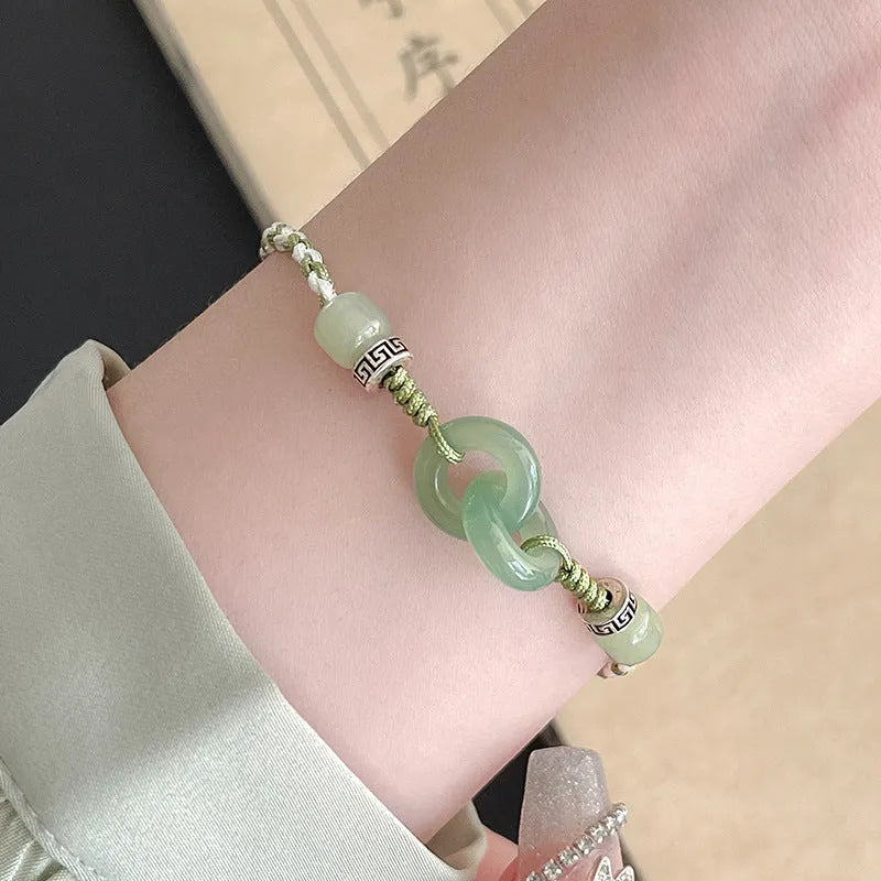 Jade green copper bracelet with peace buckle double ring design and ethnic style weaving