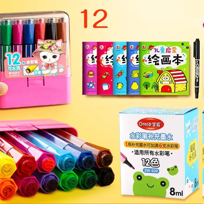 Children's washable painting brushes with hexagonal handles in blue, pink and yellow colours