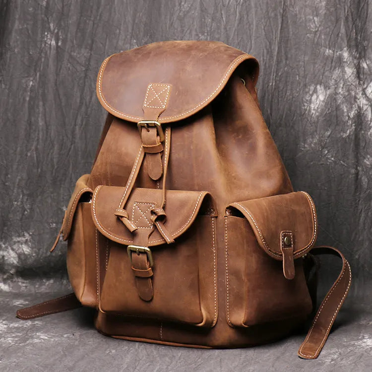 Women crazy horse leather backpack oval shape black brown drawstring buckle flap pockets first layer cowhide