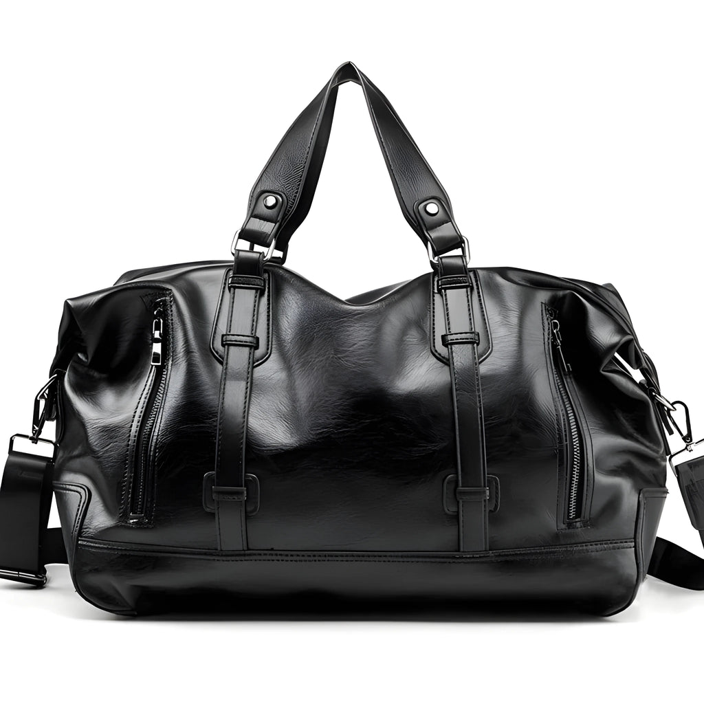 Large-capacity black PU leather handbag with shoulder strap and notebook compartment