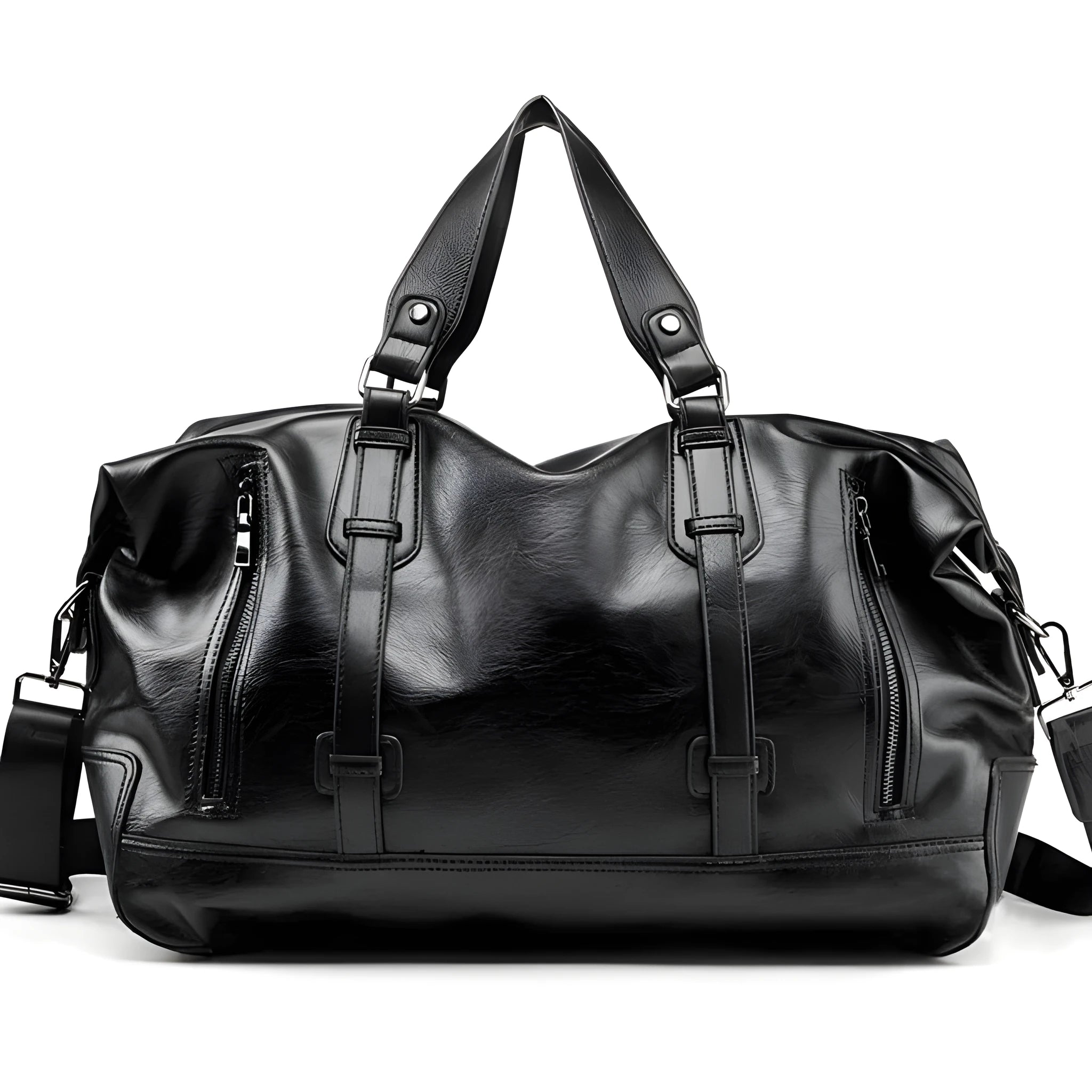 Large-capacity black PU leather handbag with shoulder strap and notebook compartment