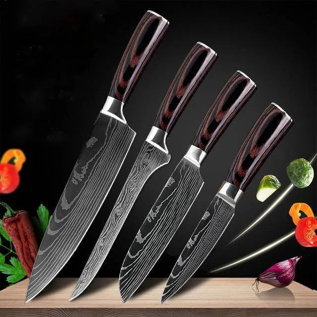 Carpenter's Special kitchen knife with laser Damascus pattern blade and coloured wood handle