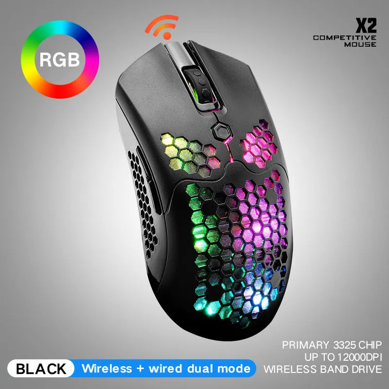 Free Wolf X2 wireless RGB gaming mouse in black on a mouse pad, showing side buttons and USB-C port.
