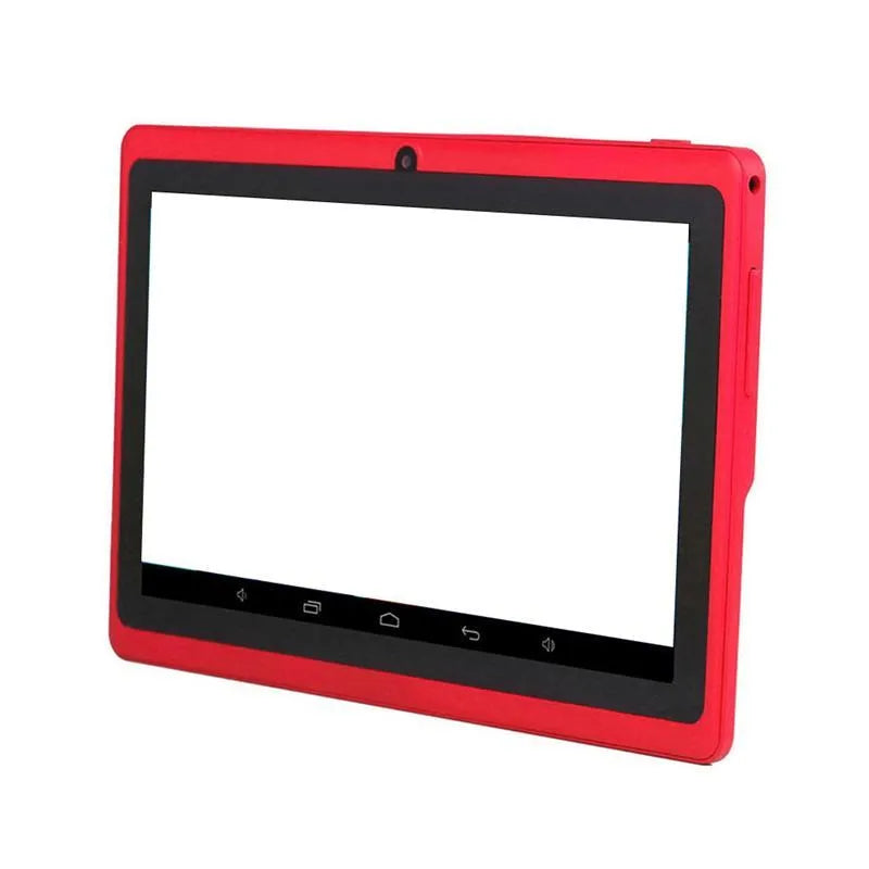 Children's tablet with 7-inch multi-touch screen, 8GB storage, 512MB RAM, ABS plastic shell, available in black, purple, and red.