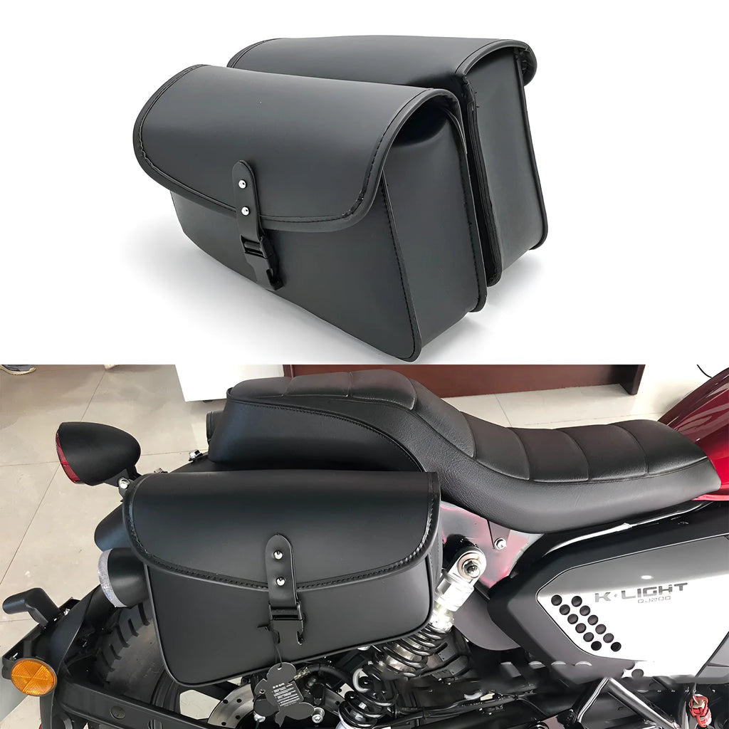 Black PU leather motorcycle swingarm bag mounted on bike showing dimensions and storage capacity